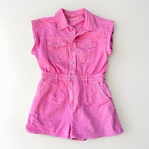 Blank NYC Women Size L Denim Romper Shortall Pink Cotton Snap Zip Pockets
